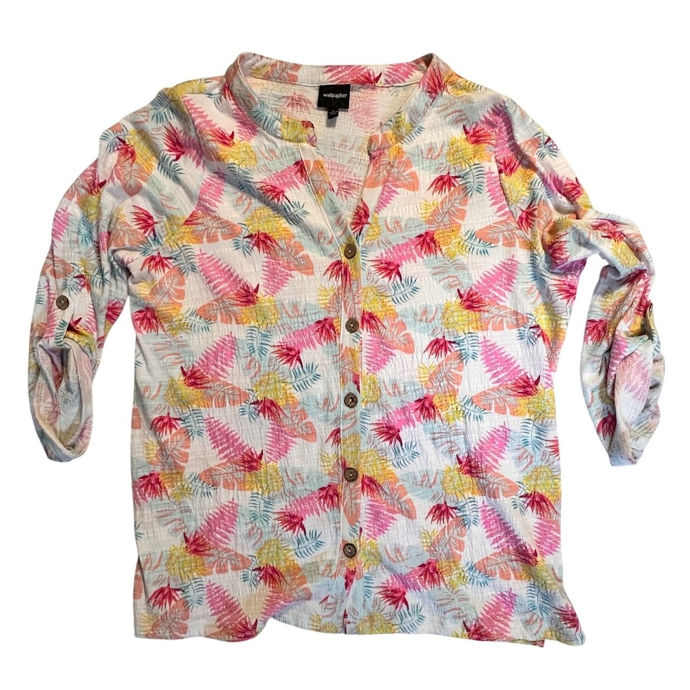 Wallpapher Womens Tropical Leaf Print Roll Tab Sleeve Button Up‎ Blouse Pink L